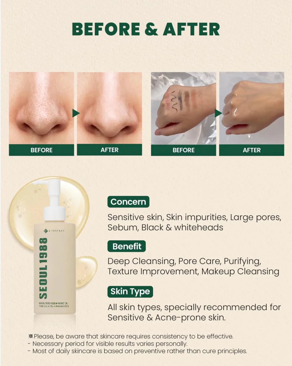 KSECRET SEOUL 1988 Cleansing Oil: Pine Cica 1% + Probiotics 200ml | Lakinza K - beauty Canada