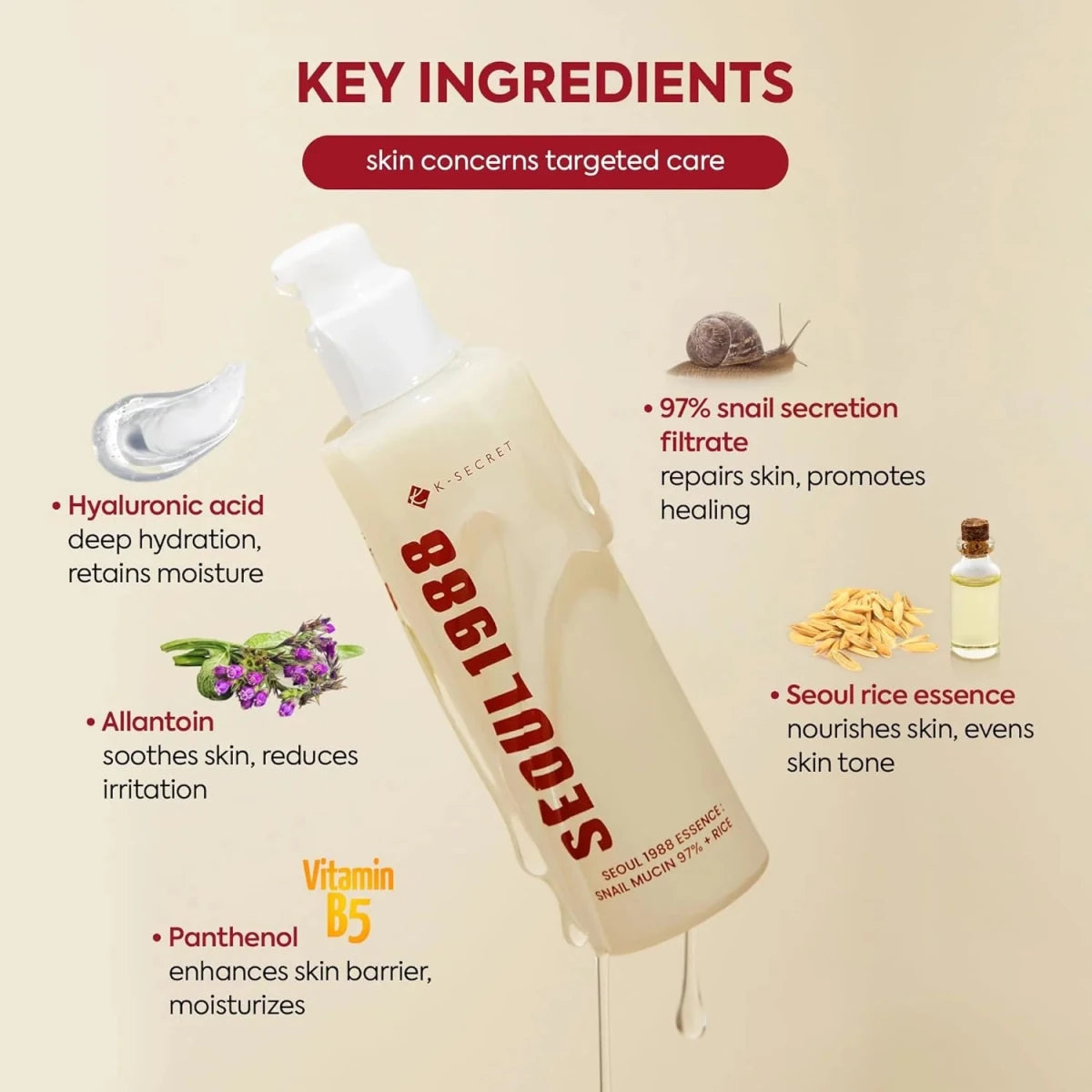 KSECRET SEOUL 1988 Essence: Snail Mucin 97% + Rice 100ml | Lakinza K - beauty Canada
