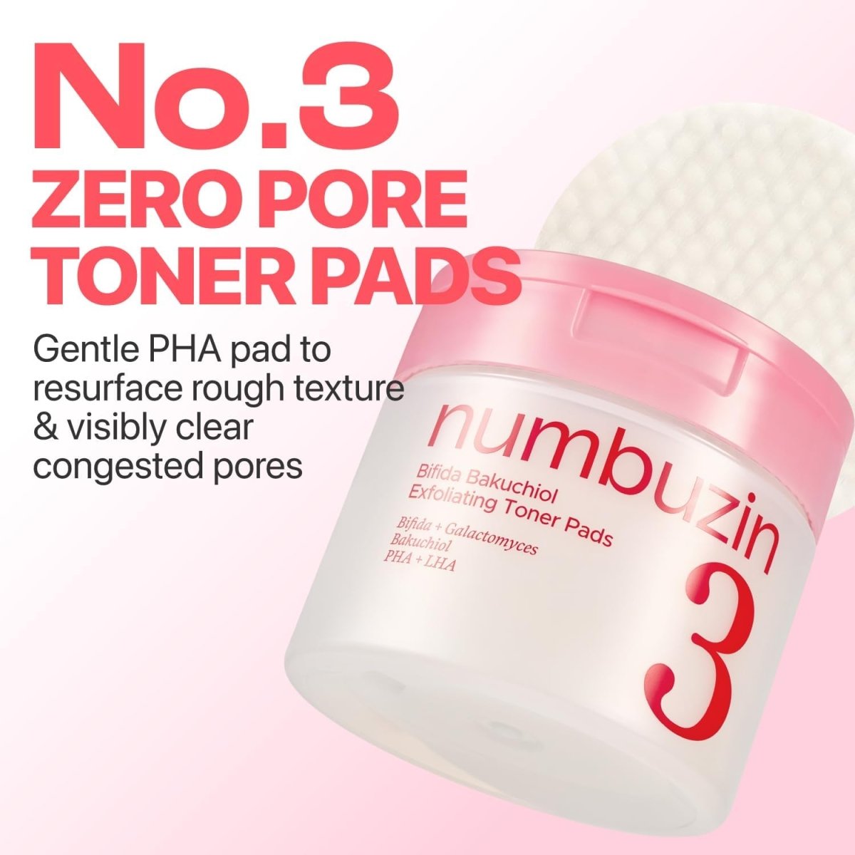 Numbuzin No.3 Bifida Bakuchiol Exfoliating Toner Pads 190ml / 70 pads Lakinza K-beauty